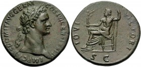 Domitian, 81-96. Sestertius (Orichalcum, 32 mm, 20.83 g, 6 h), Rome, 92-94. IMP CAES DOMIT AVG GERM COS XVI CENS PER P P Laureate head of Domitian to ...