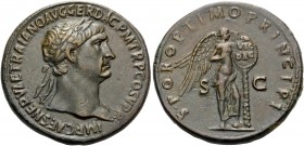 Trajan, 98-117. Sestertius (Orichalcum, 35 mm, 28.08 g, 6 h), Rome, 103-111. IMP CAES NERVAE TRAIANO AVG GER DAC P M TR P COS V P P Laureate bust of T...