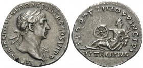 Trajan, 98-117. Denarius (Silver, 18.5 mm, 2.90 g, 7 h), Rome, 112-113. IMP TRAIANO AVG GER DAC P M TR P COS III P P Laureate bust of Trajan to right,...