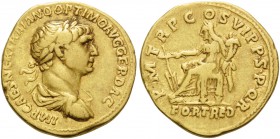 Trajan, 98-117. Aureus (Gold, 21 mm, 7.14 g, 7 h), Rome, 114-117. IMP NER TRAIANO OPTIMO AVG GER DAC Laureate, draped and cuirassed bust of Trajan to ...