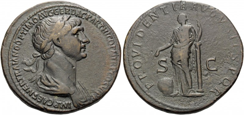 Trajan, 98-117. Sestertius (Orichalcum, 34 mm, 23.37 g, 7 h), Rome, 116-117. IMP...