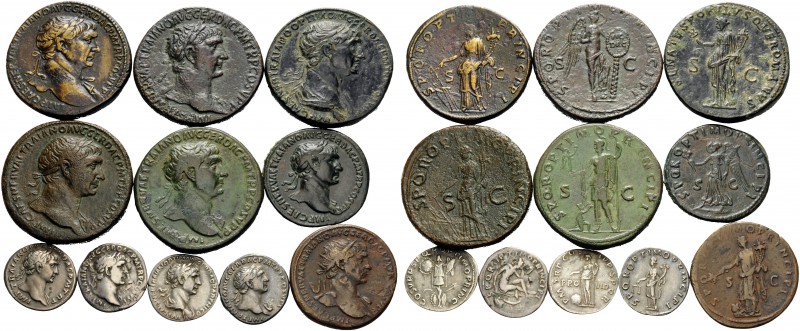 Trajan, 98-117. (163.00 g). Lot of 4 Silver and 7 Bronze Coins: Denarii (4), Ses...