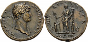Hadrian, 117-138. Sestertius (Orichalcum, 32 mm, 24.73 g, 5 h), Rome, 128-132. HADRIANVS AVGVSTVS P P Laureate bust of Hadrian to right, with slight d...