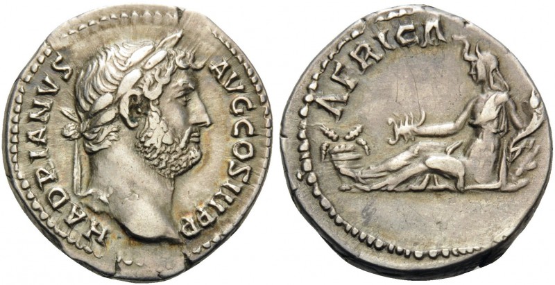 Hadrian, 117-138. Denarius (Silver, 18 mm, 3.48 g, 6 h), "Travel series" issue, ...