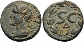 SYRIA, Seleucis and Pieria. Antioch . Antoninus Pius, 138-161. (Bronze, 24 mm, 12.52 g, 11 h). ΑVΤΟ ΚΑΙС ΤΙΤ ΑΙΛ ΑΔΡΙΑ ΑΝΤΩΝEΙΝΟС СEΒΑ EVСEΒΗС Laureat...