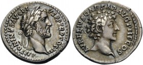 Antoninus Pius, with Marcus Aurelius as Caesar, 138-161. Denarius (Silver, 19 mm, 3.02 g, 7 h), Rome, 141-143. ANTONINVS AVG PIVS P P TR P COS III Lau...