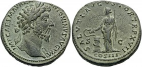 Marcus Aurelius, 161-180. Sestertius (Orichalcum, 30 mm, 24.88 g, 12 h), Rome, December 162 - December 163. IMP CAES M AVREL ANTONINVS AVG P M Laureat...