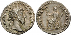 Marcus Aurelius, 161-180. Denarius (Silver, 18 mm, 3.44 g, 1 h), Rome, 165. M ANTONINVS AVG ARMENIACVS Laureate head of Marcus Aurelius to right. Rev....