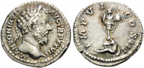 Marcus Aurelius, 161-180. Denarius (Silver, 19 mm, 3.31 g, 6 h), Rome, 173. M ANTONINVS AVG TR P XXVII Laureate head of Marcus Aurelius to right. Rev....