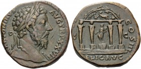 Marcus Aurelius, 161-180. Sestertius (Orichalcum, 30 mm, 24.69 g, 7 h), Rome, 173. M ANTONINVS AVG TR P XXVII Laureate bust of Marcus Aurelius to righ...