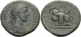 Commodus, as Caesar, 166-177. Sestertius (Orichalcum, 32 mm, 23.92 g, 12 h), struck under his father, Marcus Aurelius, Rome, 177. IMP L AVREL COMMODVS...