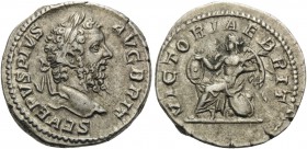 Septimius Severus, 193-211. Denarius (Silver, 18 mm, 3.45 g, 5 h), Rome, 210-211. SEVERVS PIVS AVG BRIT Laureate head of Severus to right. Rev. VICTOR...