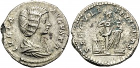 Julia Domna, Augusta, 193-217. Denarius (Silver, 18 mm, 3.41 g, 6 h), struck under Septimius Severus, Rome, 200-207. IVLIA AVGVSTA Draped bust of Juli...