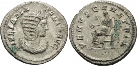 Julia Domna, Augusta, 193-217. Antoninianus (Silver, 24 mm, 5.32 g, 1 h), struck under her son, Caracalla, Rome, 216. IVLIA PIA FELIX AVG Diademed and...