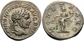 Caracalla, 198-217. Denarius (Silver, 19 mm, 2.93 g, 7 h), Rome, 212-213. ANTONINVS PIVS AVG BRIT Laureate head of Caracalla to right. Rev. MONETA AVG...