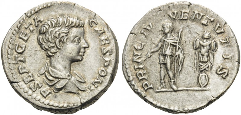 Geta, as Caesar, 198-209. Denarius (Silver, 18 mm, 3.37 g, 7 h), Rome, 200-205. ...