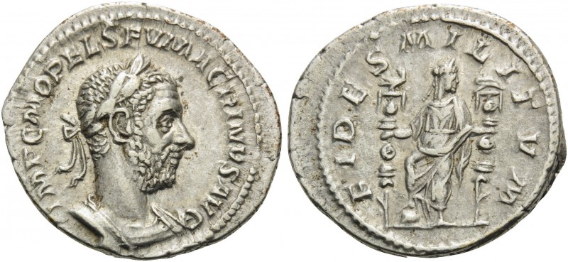 Macrinus, 217-218. Denarius (Silver, 19 mm, 3.50 g, 10 h), Rome, 217. IMP C M OP...