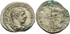 Elagabalus, 218-222. Denarius (Silver, 20 mm, 2.98 g, 4 h), Rome, 220-222. IMP ANTONINVS PIVS AVG Laureate and draped bust of Elagabalus to right. Rev...