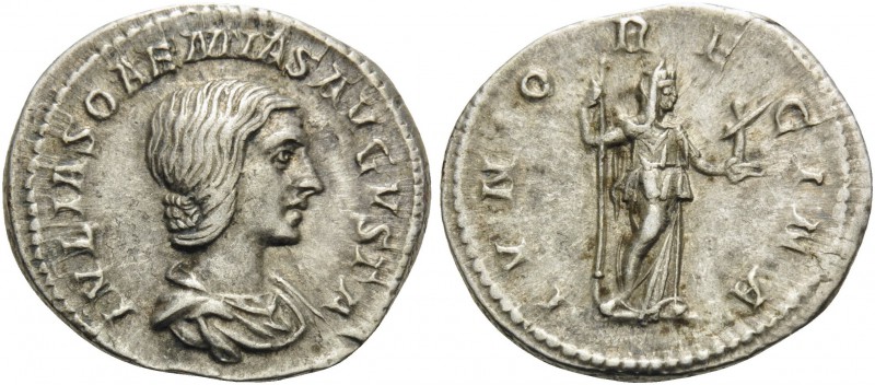 Julia Soaemias, Augusta, 218-222. Denarius (Silver, 19 mm, 2.80 g, 6 h), mother ...