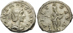 Julia Maesa, Augusta, 218-224/5. Denarius (Silver, 20 mm, 3.59 g, 12 h), grandmother of Elagabalus, Rome, 218-220. IVLIA MAESA AVG Draped bust of Juli...