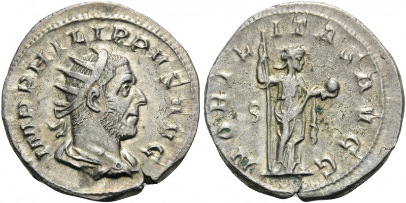 Philip I, 244-249. Antoninianus (Silver, 33 mm, 4.59 g, 1 h), Rome, 248. IMP PHI...