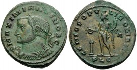 Galerius, as Caesar, 293-305. Follis (Bronze, 29 mm, 12.63 g, 6 h), Lugdunum, 301-303. MAXIMIANVS NOB C Laureate and cuirassed bust of Galerius to lef...