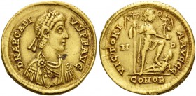 Arcadius, 383-408. Solidus (Gold, 20 mm, 4.37 g, 6 h), Mediolanum, 395-402. D N ARCADI-VS P F AVG Draped and cuirassed bust of Arcadius to right, wear...