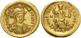 Theodosius II, 402-450. Solidus (Gold, 20 mm, 4.49 g, 1 h), Constantinople, 8th officina, 408-420. D N THEODO-SIVS P F AVG Helmeted, diademed and cuir...