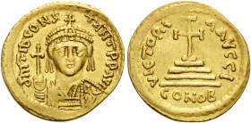 Tiberius II Constantine, 578-582. Solidus (Gold, 20 mm, 4.50 g, 6 h), Constantinople, 10th officina. d M TIb CONSTANT P P AVG Draped and cuirassed bus...