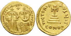 Heraclius, with Heraclius Constantine, 610-641. Solidus (Gold, 21 mm, 4.43 g, 6 h), Constantinople, 10th officina, 629-631. dd NN hERACLIUS ET hERA CO...