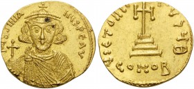 Justinian II, first reign, 685-695. Solidus (Gold, 19 mm, 4.47 g, 7 h), Constantinople, 9th officina, 686-687. IUSTINIA-NUS PE AV Crowned beardless bu...