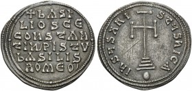 Basil I the Macedonian, with Constantine VII, 867-886. Miliaresion (Silver, 23 mm, 2.66 g, 12 h), Constantinople, 868-879. +bASI / LIOSCЄ / CONStAn / ...