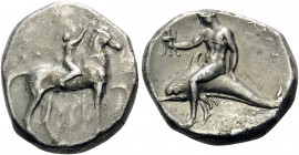 CALABRIA. Tarentum . Circa 302-280 BC. Nomos (Silver, 21 mm, 7.82 g, 3 h), Sa..., Arethon and Gas..., magistrates. ΑΡΕ-ΘΩΝ / ΣA Nude youth riding hors...