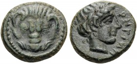 BRUTTIUM. Rhegion . Circa 415/0-387 BC. (Bronze, 12 mm, 2.07 g, 7 h). Lion's head facing. Rev. PHΓINΩ Laureate head of Apollo to right. HN III 2524. S...