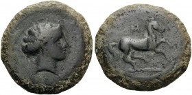 SICILY. Aitna . 354/3-344 BC. Hexas (Bronze, 20 mm, 7.42 g, 8 h). [AITNAIΩN] Wreathed head of Kore to right. Rev. M Horse prancing right, with trailin...
