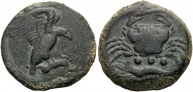 SICILY. Akragas . Circa 406 BC. Tetras (Bronze, 23 mm, 11.32 g, 12 h). AK-PA Eagle right, clutching dead hare in its talons. Rev. Crab; below, three p...