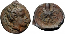 SICILY. Syracuse . Second Democracy, 466-405 BC. Onkia (Bronze, 13 mm, 1.19 g, 3 h), circa 440-430 BC. ΣYPA Head of Arethusa to right, dolphin swimmin...