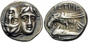 MOESIA. Istros . Circa 313-280 BC. Drachm (Silver, 18 mm, 5.67 g, 5 h). Two facing male heads side by side, one upright and the other inverted – a têt...