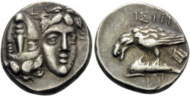 MOESIA. Istros . Circa 313-280 BC. Drachm (Silver, 18 mm, 5.65 g, 2 h). Two facing male heads side by side, one upright and the other inverted – a têt...