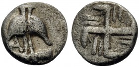 THRACE. Apollonia Pontika . Mid 4th century BC. Hemiobol (Silver, 7 mm, 0.43 g, 12 h). A Anchor. Rev. Swastika within incuse square, two lines in each...