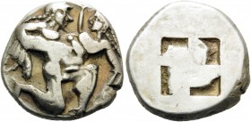 ISLANDS OFF THRACE, Thasos. Circa 500-463 BC. Stater (Silver, 20 mm, 8.14 g), Circa 500-480 BC. Ithyphallic satyr advancing to right, carrying protest...