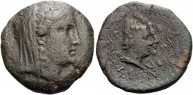 ISLANDS OFF THRACE, Thasos. Circa 310 BC. (Bronze, 23 mm, 10.77 g, 6 h). Head of Demeter right, wearing wreath of grains. Rev. Jugate busts of the Dio...