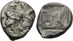 THRACO-MACEDONIAN REGION. Siris . Circa 525-480 BC. Stater (Silver, 18 mm, 9.78 g). Satyr standing right, grasping the right arm of a nymph fleeing to...