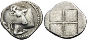 MACEDON. Akanthos . Circa 430-390 BC. Tetrobol (Silver, 15 mm, 2.15 g). Forepart of bull to left, his head turned back to right; above, flower. Rev. Q...