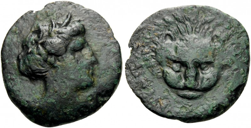 MACEDON. Apollonia . Circa 400-350 BC. (Bronze, 15 mm, 2.40 g, 3 h). Wreathed he...