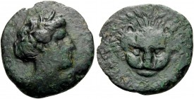 MACEDON. Apollonia . Circa 400-350 BC. (Bronze, 15 mm, 2.40 g, 3 h). Wreathed head of Nymph to right. Rev. [..]NIA[..] Lion head facing. Apparently un...