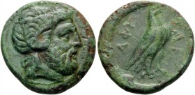 MACEDON. Aphytis . Circa 400-350 BC. Hemiobol (Bronze, 20 mm, 8.13 g, 11 h). Head of Zeus Ammon to right. Rev. AΦΥTAI Eagle standing right with closed...