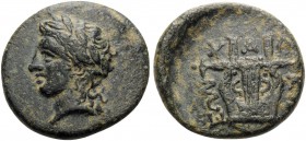 MACEDON, Chalkidian League. Circa 432-348 BC. Hemiobol (Bronze, 17 mm, 4.11 g, 1 h), Minted in Olynthos. Laureate head of Apollo to left. Rev. XAΛKIΔΕ...