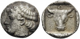 MACEDON. Dikaia . Circa 425-400 BC. Obol (Silver, 9 mm, 0.57 g, 3 h). Head of nymph to left. Rev. Δ Facing head of a bull. SNG Ashmolean 3606. Very ra...