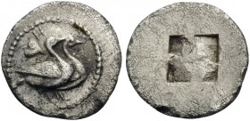MACEDON. Eion . Circa 460-400 BC. Obol (Silver, 10 mm, 0.51 g). H Two geese standing right; ivy leaf to left. Rev. Quadripartite incuse square. SNG Co...